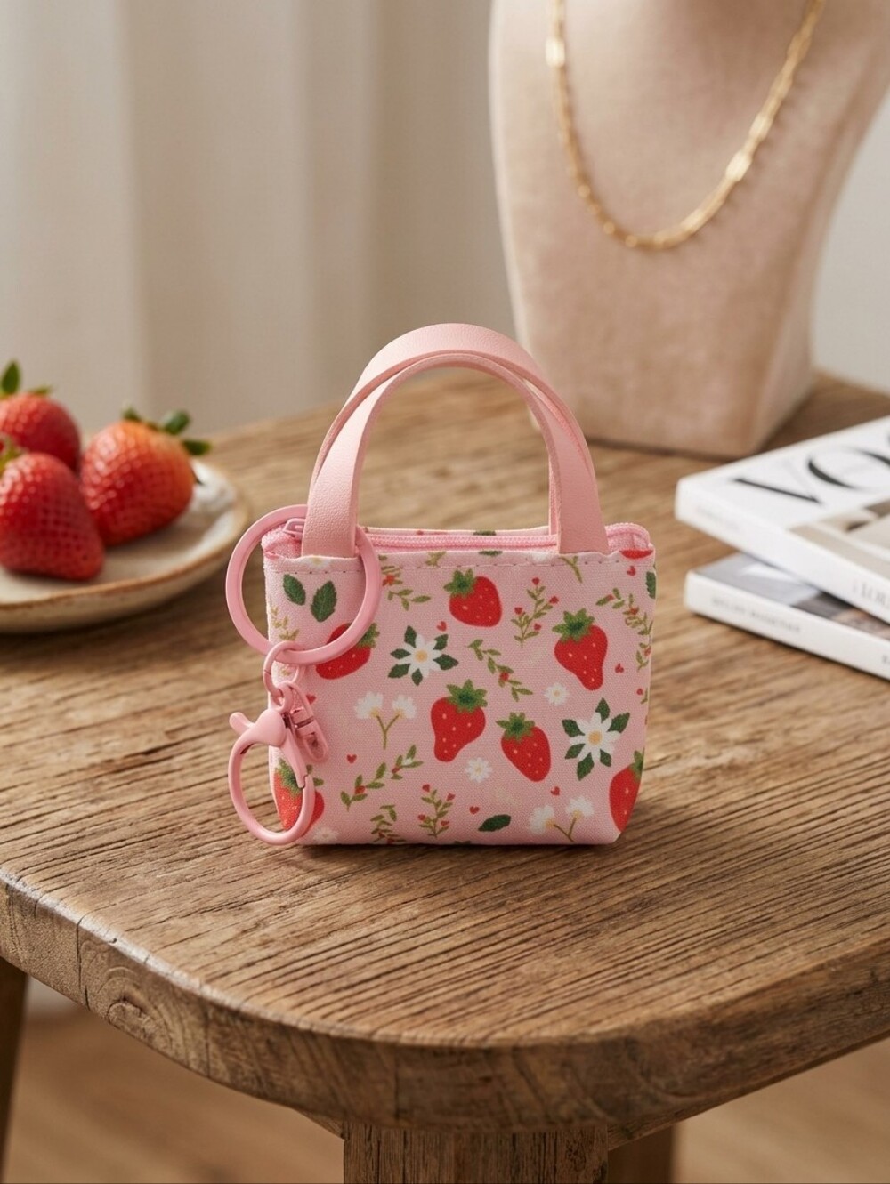 Mini Strawberry Coin Pouch Keychain - Pink